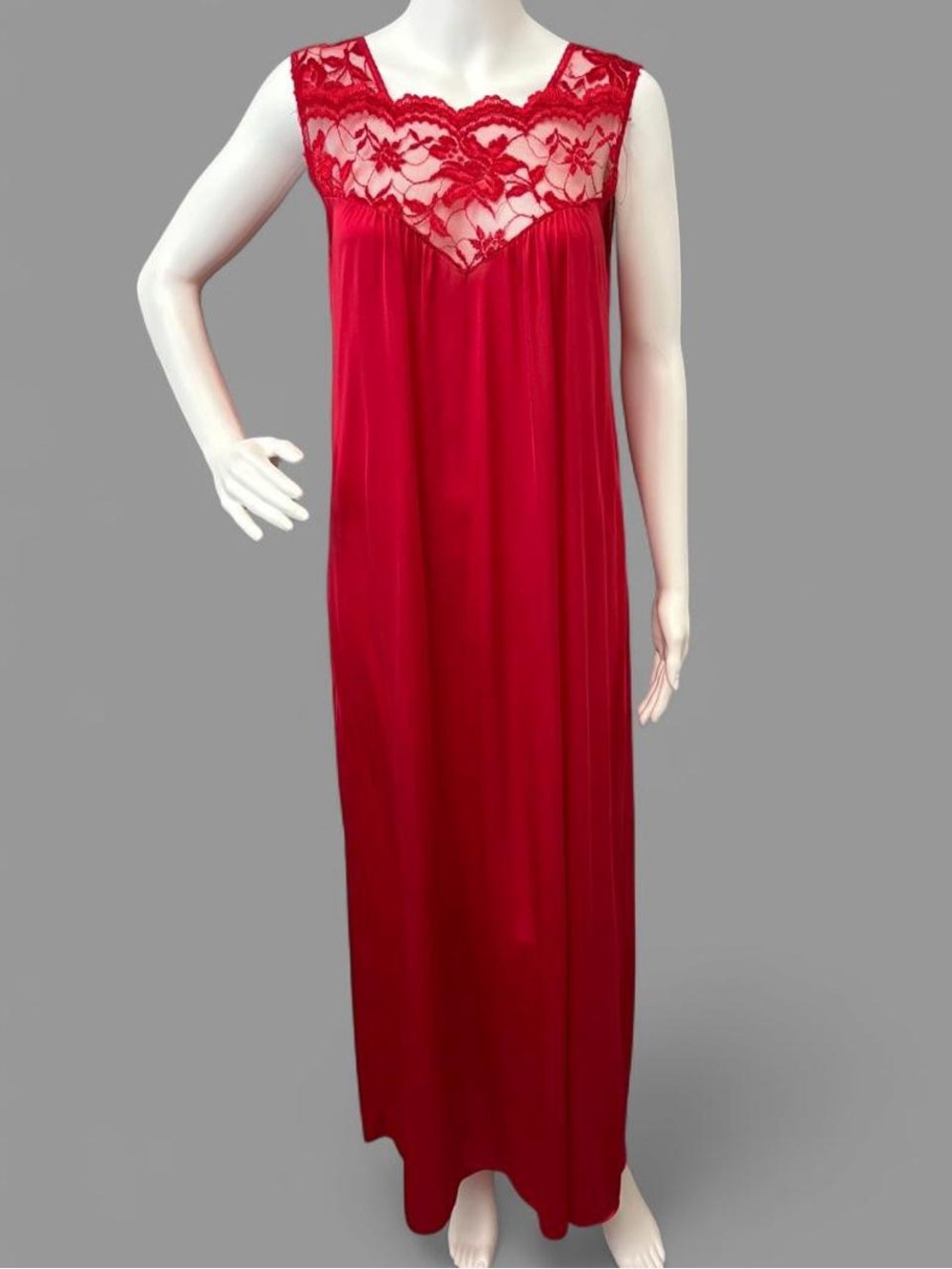 Elegant Red Lace-Yoke Long Nightgown